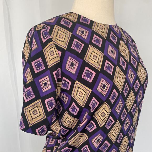 Blouse Top Size Large Purple Tan Geo Diamond Print Short Sleeve Shell Casual Vtg - Picture 3 of 10